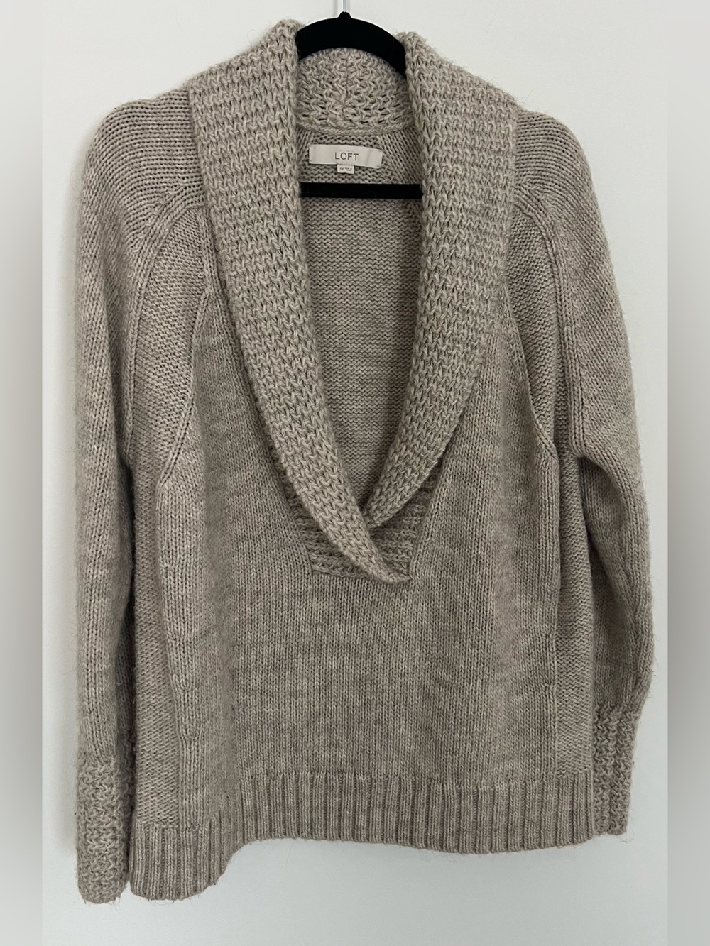 LOFT Cozy Alpaca Blend Shawl Collar V-Neck Tunic Sweater Taupe Medium